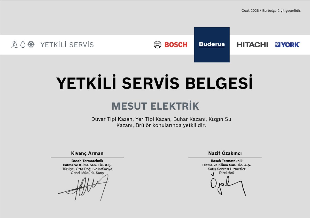 Bosch-Buderus Yetkili Servis Belgesi