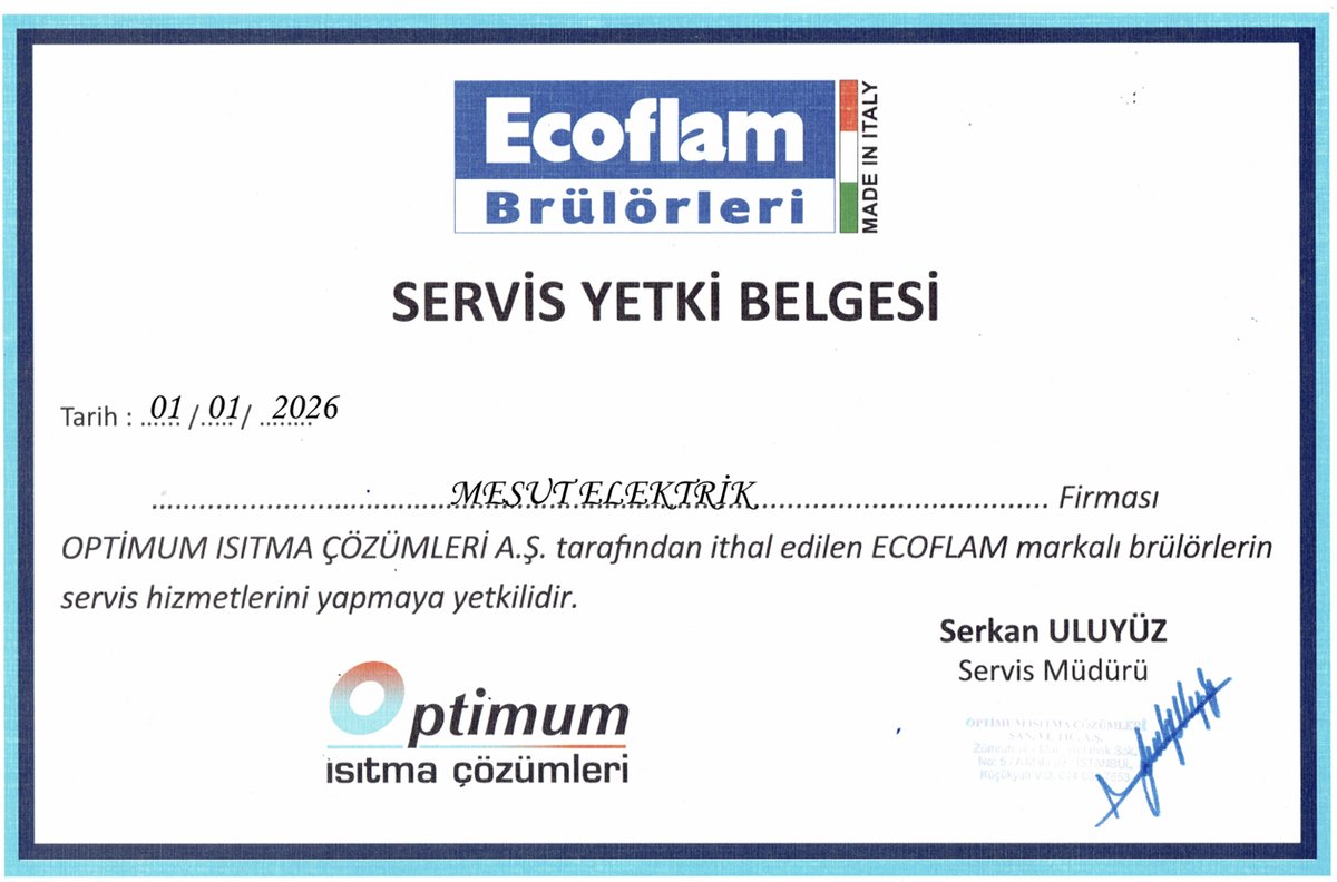 Ecoflam Yetkili Servis Belgesi