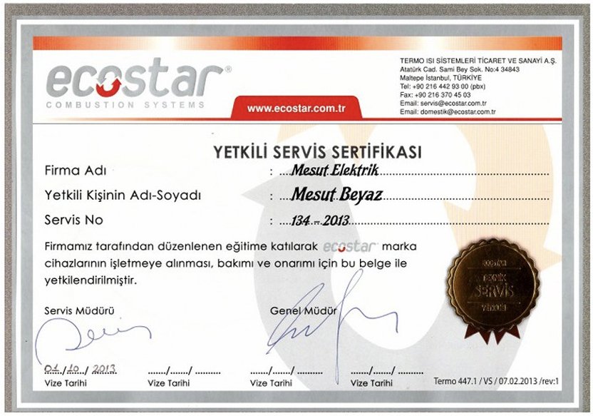 Ecostar Yetkili Servis Belgesi