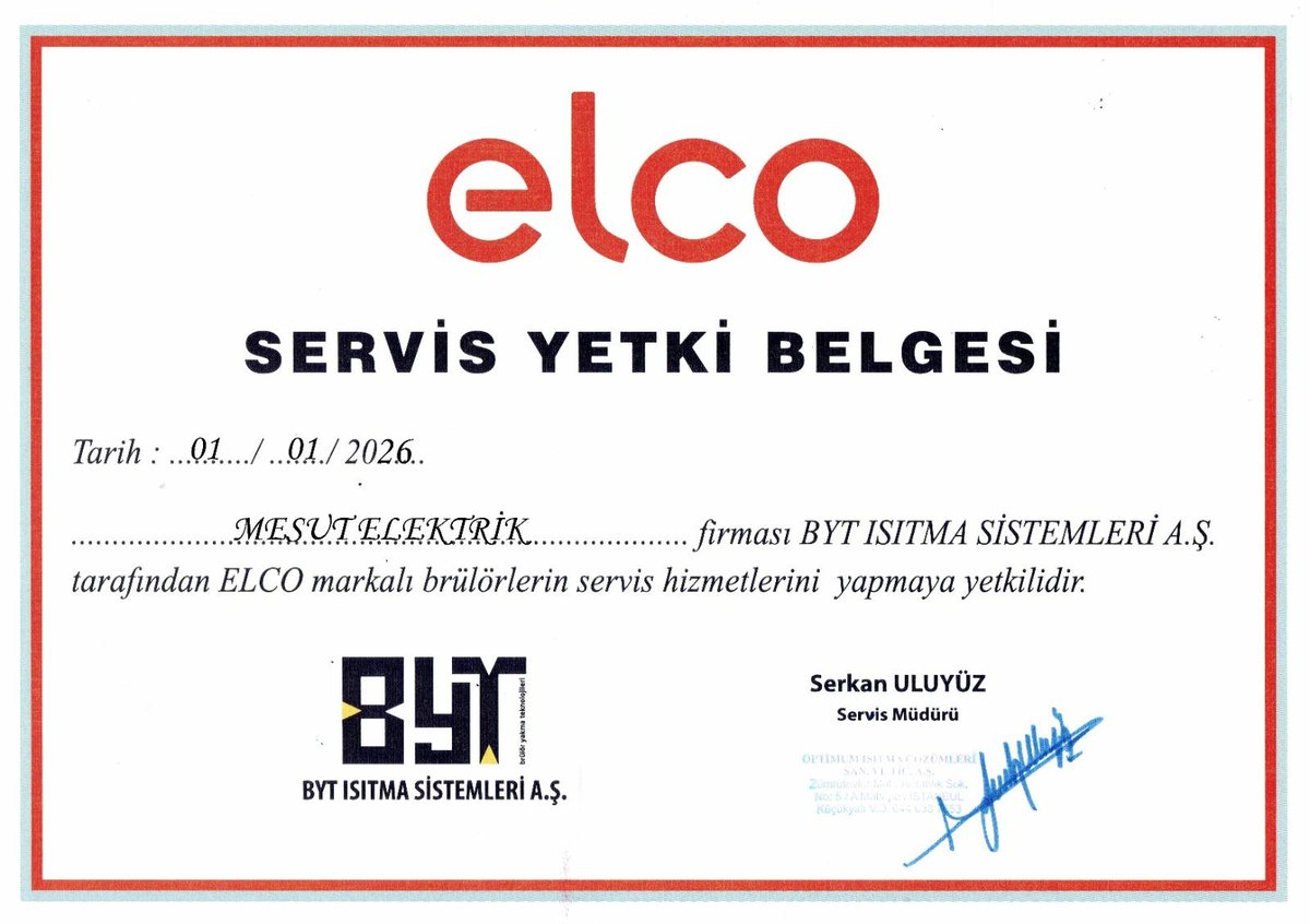 ELCO Yetkili Servis Belgesi